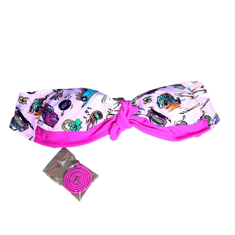 Surfside Bikini Top Womens Sz S Pink Route 66 Retro Car Bandeau Tie Back NEW